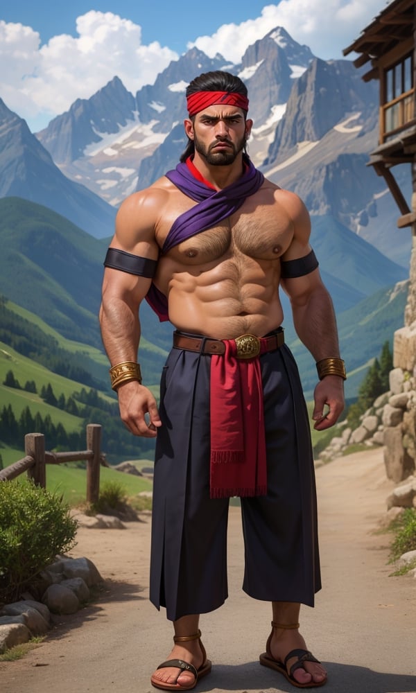 1 turkish man, solo, (beefy), black hair, beard, dark skin, (dark_skinned_male:1.2), pectoralis, half chest exposed, looking at viewer, large pec, mountain_setting, (monk suit), (headkerchief), pelvic_curtain, standing, obi, belt,  sandals, laced_sandals, bracers, 8K, best quality, detailed face,upper_body close,