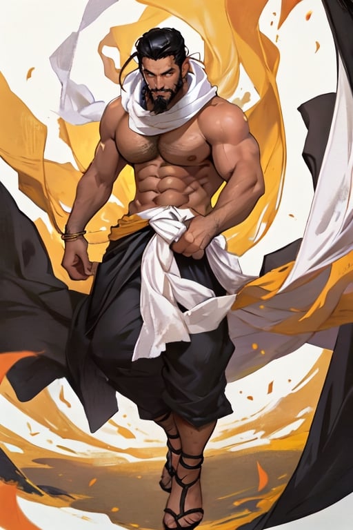 masterpiece, best quality, perfect lighting, detail face, ((beard)), black hair, detailed eyes, toothy smile, muscular, masculine, protruding pecs, large pectorals, handsome man, arab, white cloth, white headscarf, black and yellow sandals, dynamic pose, wind,[(white background:1.15), Clothmancer, Street Fighter, RASHID,Clothmancer