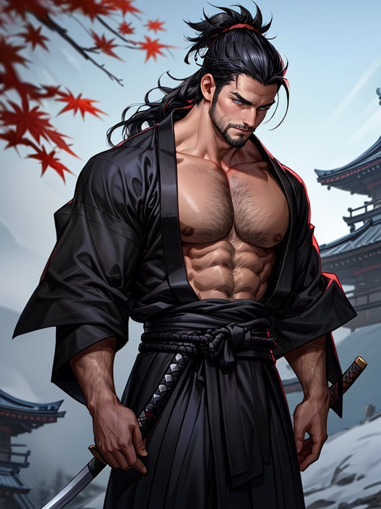 1man, samurai, handsome, protruding pecs, stubbles, japanese samurai clothing, black_hair, Hair tied back, few locks of hair hang down on the forehead, katana, maple leaf scattered in the air, wind, dynamic angle, Masterpiece,  Intricate details,  hdr,  depth of field,  (full body view),  Portrait, open cloth, take off top to waist, show chest, show abs, body hair, hairy chest,