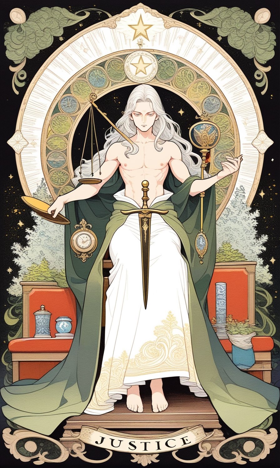 1 man, platinum long hair, (holding a Balance scales), a sword at feet side, green cloak, white long skirt, sitting in the judgment seat, court, (show chest), muscles, pectorals, nipples, full body, fractal art, (tarot card design), botanical illustration, classic, elegant flourishes, lofi art style, retro, [(text that says "JUSTICE" at bottom)], best quality, masterpiece, extremely detailed, intricate details,  
