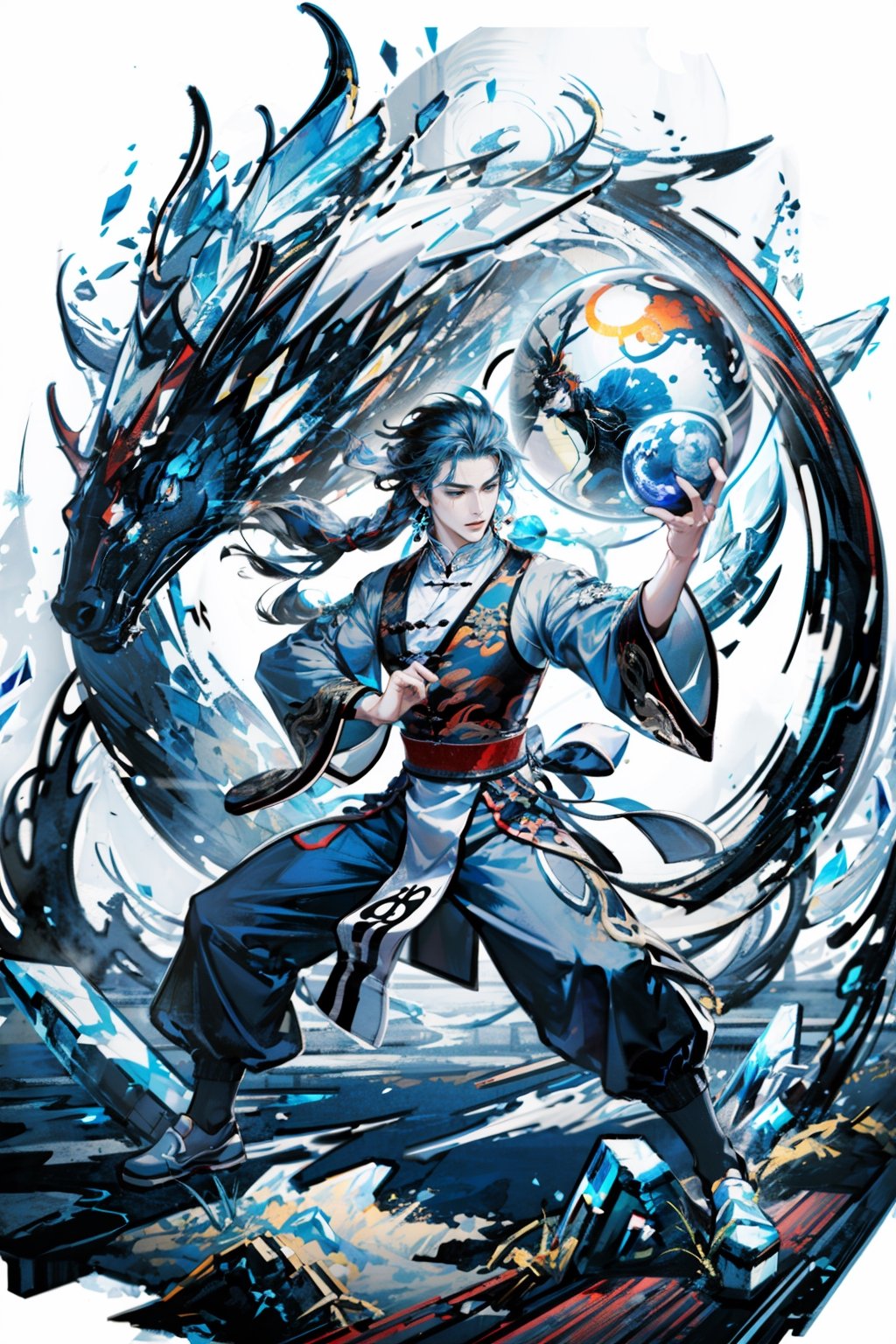 masterpiece,, (masterpiece, best quality:1.5), fighting stance, dance pose, [(white background:1.15)], 1man, young man, handsome, long blue hair, magician costume, ice element, ((Tai Chi)), (goddess), (holding crystal ball),