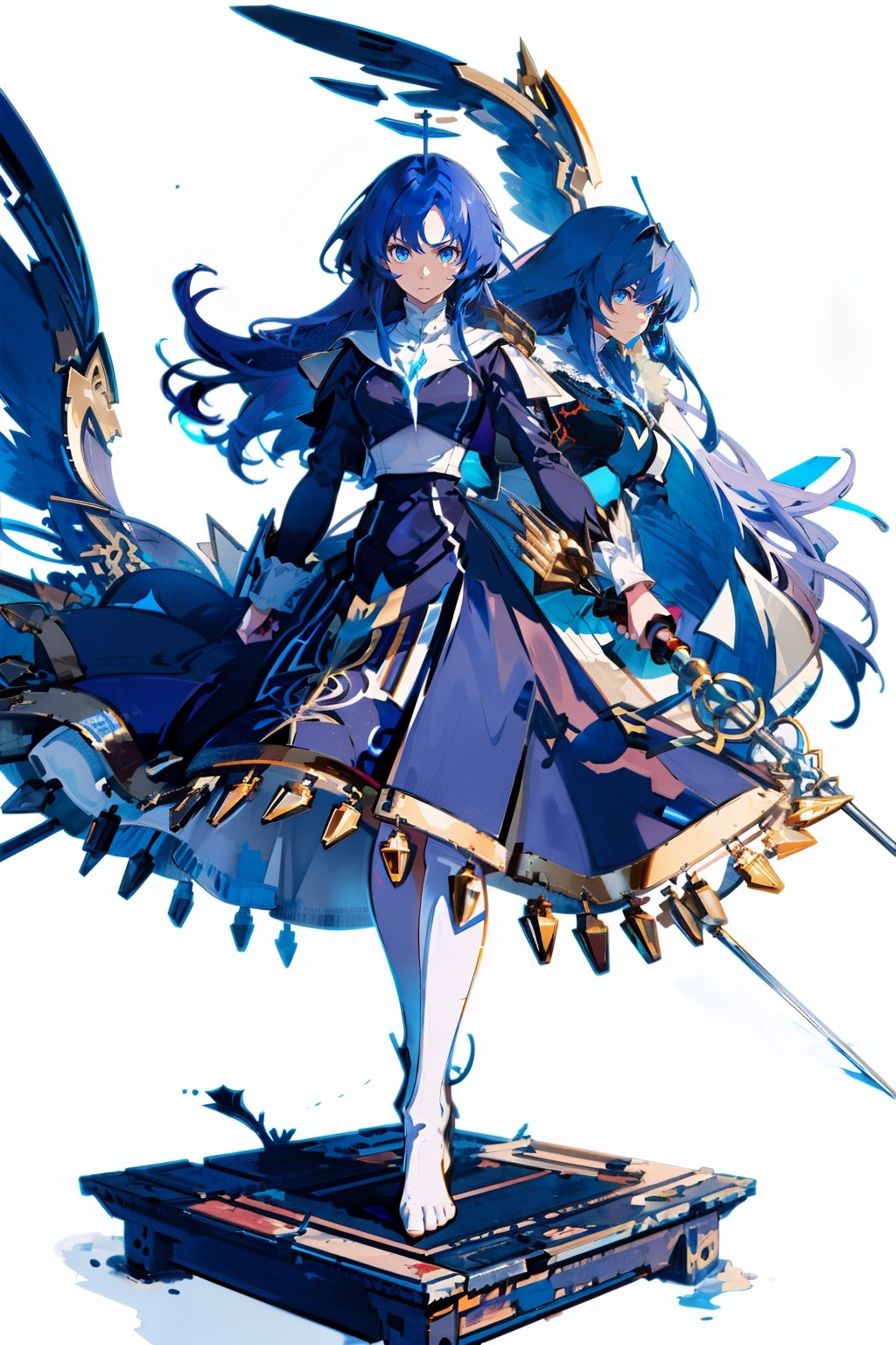 masterpiece, (best quality:1.5), [(white background:1.15)], (1girl), blue hair, long hair, holding rapier, wind, beautiful, Purple black long skirt, feet together,  serious face, holy light, ((knight)), ,orie_ballardiae,