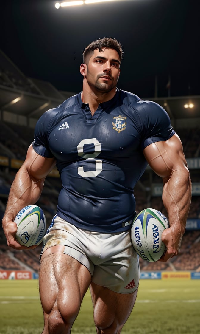 Masterpiece, Best Quality,  (Award-winning),  (Film Lighting),  (Extremely Detailed),  (Epic), 1 handsome man, strong and muscular, rugby player, running on the field, holding a rugby ball, sweating, soaked jersey, white short jersey pants, stubble, leg hair, hairy arm, high detail, Movie Still, 