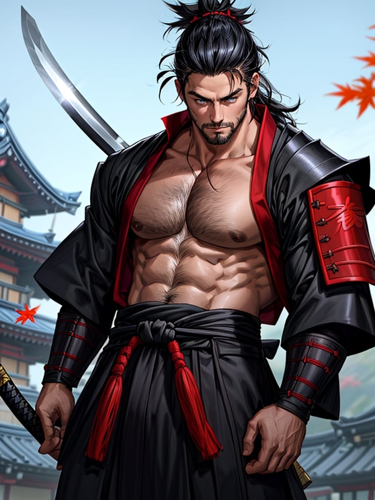 1man, samurai, handsome, protruding pecs, stubbles, japanese samurai clothing, black_hair, Hair tied back, few locks of hair hang down on the forehead, katana, maple leaf scattered in the air, wind, dynamic angle, Masterpiece,  Intricate details,  hdr,  depth of field,  (full body view),  Portrait, open cloth, take off top to waist, show chest, show abs, body hair, hairy chest,