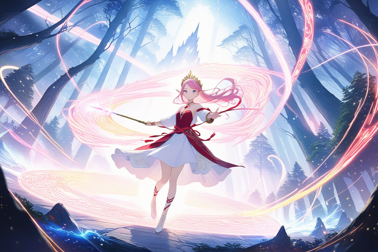 1 girl, elf, pink hair, long hair, Center parted bangs, smart, beautiful, pointed ears, tiara, sapphire pendant earrings, white shoulderless high-neck dress, red ribbon tied around the waist, white sleeves, gold bracelets , emerald necklace, (holding ruby ​​wand), magician, forest background, wind, chanting spells,Masterpiece, best quality, high res,detailed face, detailed eyes, dynamic pose, perfect light, rim light, lightningmagicAI,Finger draws a light trail, (fighting monsters:1.5),long shot,full body,