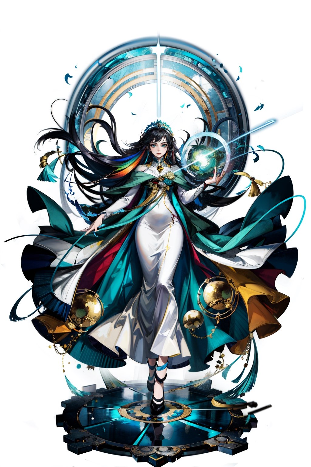 masterpiece, (best quality:1.5), [(white background:1.15)], (1woman), black hair, long hair, (holding orb), wind, beautiful, green colthes, Gorgeous floor-length dress, ((rainbow)), Colorful light,
