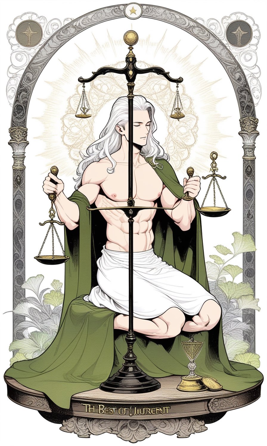 1 man, platinum long hair, (huge Balance scale over head), (holding a Balance scales), holding a sword, green cloak, white long skirt, eyes closed, huge-muscles, large pectorals, nipples, sitting in the judgment seat, court, topless, (show chest), muscles, full body, fractal art, (tarot card design), botanical illustration, classic, elegant flourishes, lofi art style, retro, black and white curtain in background, (text that says "JUSTICE"at bottom), best quality, masterpiece, extremely detailed, intricate details,  