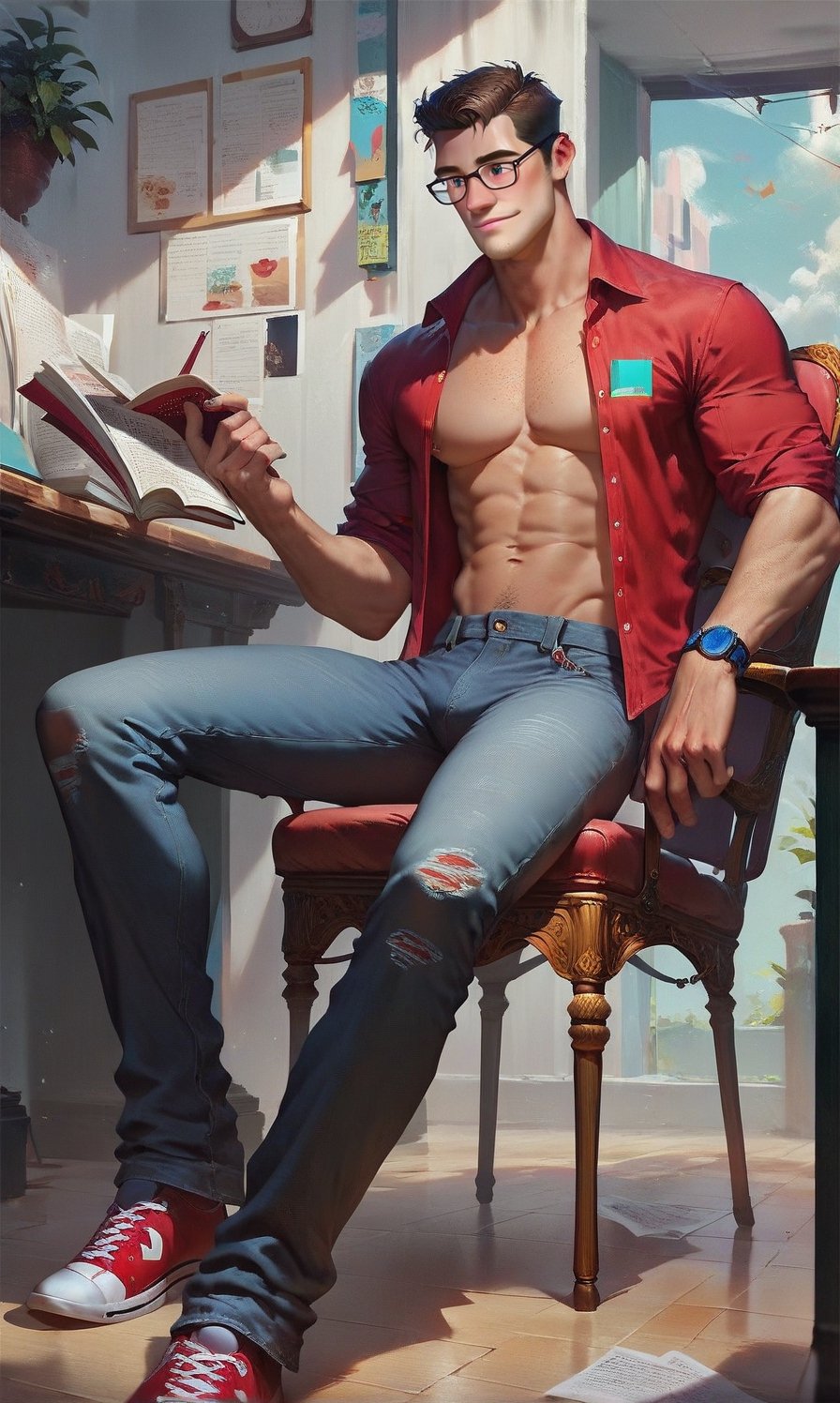 score_9,score_8_up,score_7_up,light source from top,1man,very handsome,glasses,stubble,opened shirt,jeans, show hairly chest,reading newpaper,concept art, sit on chair,