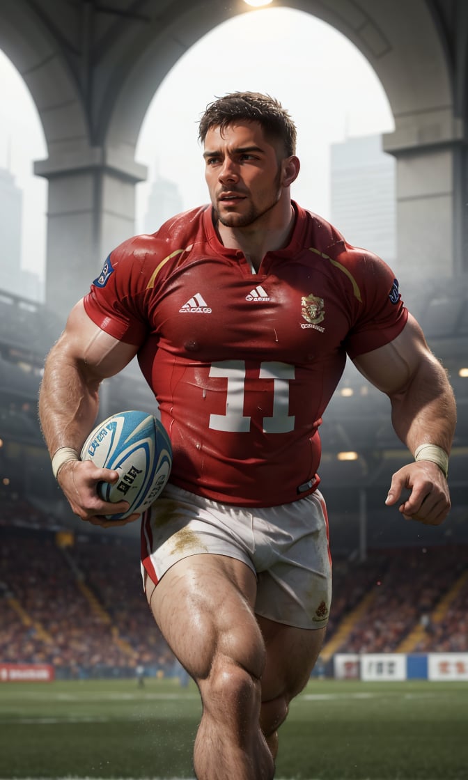 Masterpiece, Best Quality,  (Award-winning),  (Film Lighting),  (Extremely Detailed),  (Epic), 1 handsome man, strong and muscular, rugby player, running on the field, holding one rugby ball, sweating, soaked jersey, white short jersey pants, stubble, leg hair, hairy arm, high detail, Movie Still, 