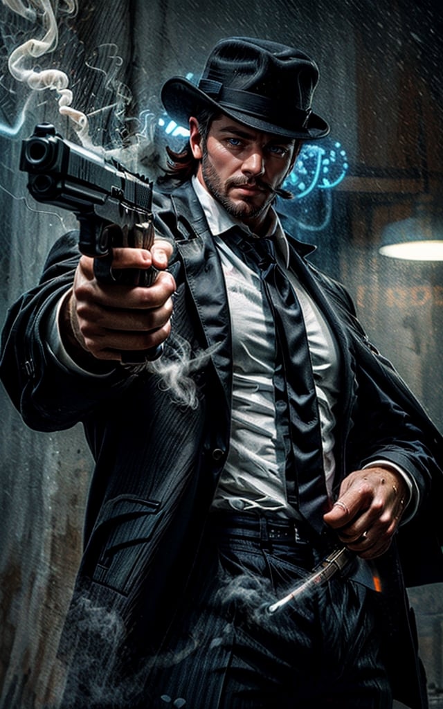 digital painting of a man, shot on Canon 5D Mark II, portrait of a mafia in city street full on neon signboards, ((balck business suit)), (white shirt), (red necktie), (balck hair), smoke from mouth, (with a cigarette in mouth), pants, angry, Holding a pistol in hand, fedora hats,
BREAK 
((blue neon lights)), add lightsource to front, (mouth open:0.5), Leaning lazily against the wall, cinematic, best quality, 8K, masterpiece, intricate details, dynamic pose, dynamic angle, ((surrealism)), ((romanticism)), ((oil painting \(medium\):1.2)), (illustration), huge-muscles, (large pectorals), sharp focus, soft lighting, vibrant colors, cinematic photography, volumetric lighting, film grain, hard shadows,xuer pistol