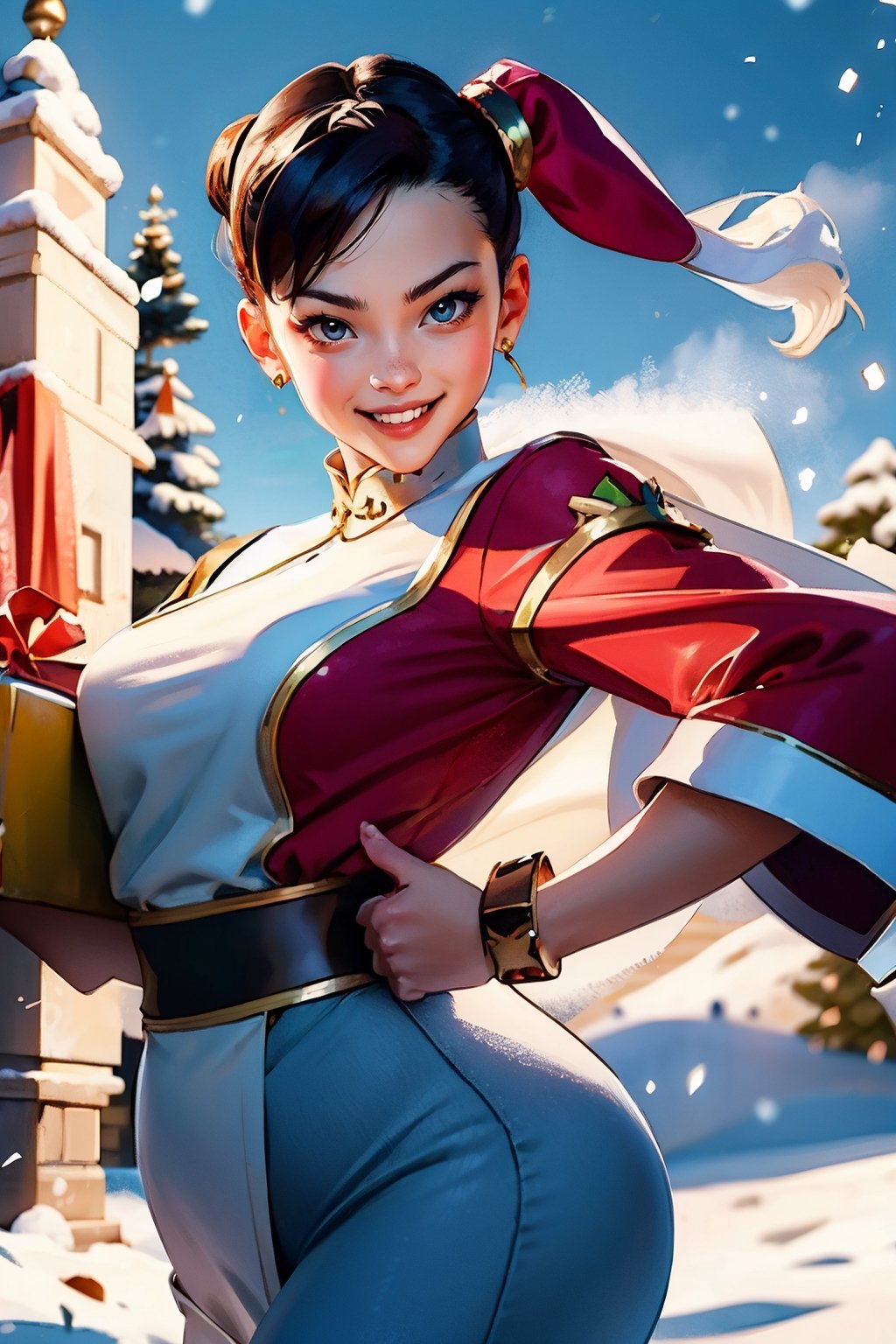 1girl, chunli, detailed face, perfect light, chunlims,Santa Claus, victory gesture, smile, snow, 