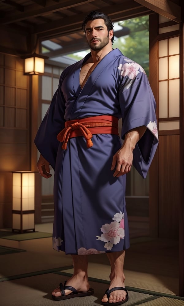 solo male, Japanese, black hair, black eyes, facial hair, thick eyebrows, scar on face, sideburns, (yukata), (kimono), japanese sandals, mature, handsome, charming, alluring, standing, full body, perfect anatomy, perfect proportions, best quality, masterpiece, high_resolution, dutch angle, cowboy shot, photo background, muscular, beefy, intricate details