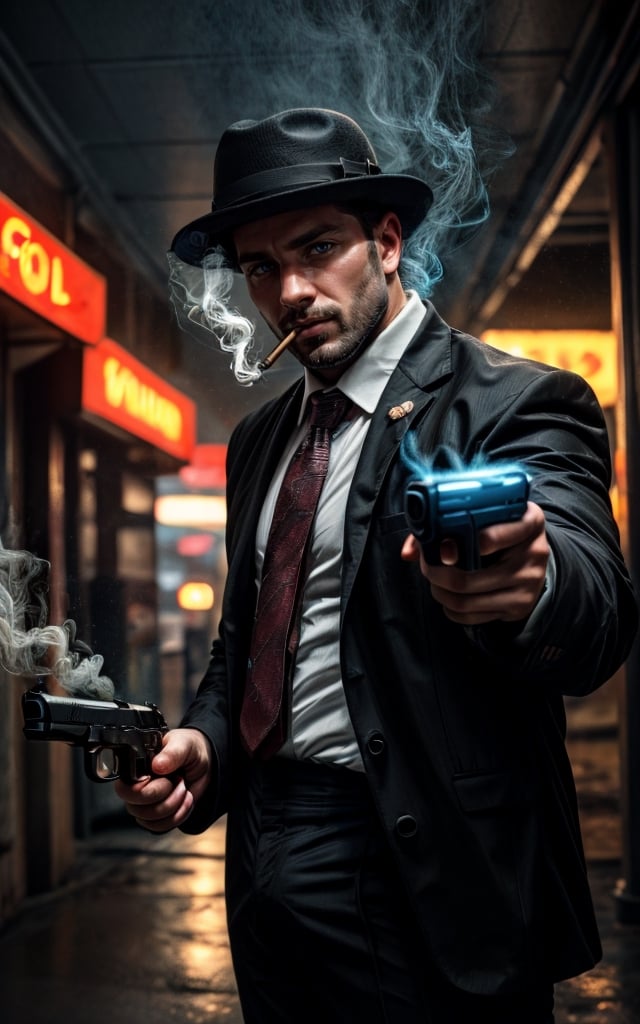 digital painting of a man, shot on Canon 5D Mark II, portrait of a mafia in city street full on neon signboards, ((balck business suit)), (white shirt), (red necktie), (balck hair), smoke from mouth, (with a cigarette in mouth), pants, angry, Holding a pistol in hand, fedora hats,
BREAK 
((blue neon lights)), add lightsource to front, (mouth open:0.5), Leaning lazily against the wall, cinematic, best quality, 8K, masterpiece, intricate details, dynamic pose, dynamic angle, ((surrealism)), ((romanticism)), ((oil painting \(medium\):1.2)), (illustration), huge-muscles, (large pectorals), sharp focus, soft lighting, vibrant colors, cinematic photography, volumetric lighting, film grain, hard shadows,xuer pistol