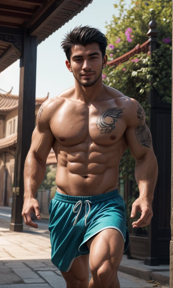 (Handsome European guy, 25year old:1.6), (Running theme:1.4), bare shoulders, muscle fit man, earphone, very softly morning beam, outdoor, sweat droplets,realism dynamic lighting and shadow, best quality, masterpiece, (muscular latina-asian guy, 18year old:1.4), (tattoos of (words) on body:1.2), (a gentle smile:1.1), cinematic lighting, ambient lighting, sidelighting, cinematic shot, head to thigh portrait, beautiful and aesthetic, vibrant color, Exquisite details and textures, cold tone, ultra realistic illustration, siena natural ratio, anime style,  ultra hd, realistic, vivid colors, highly detailed, perfect composition, ultra hd, 8k, inner glow, stunning, mythical being, energy, molecular, textures, iridescent and luminescent scales, breathtaking beauty, pure perfection, divine presence, 