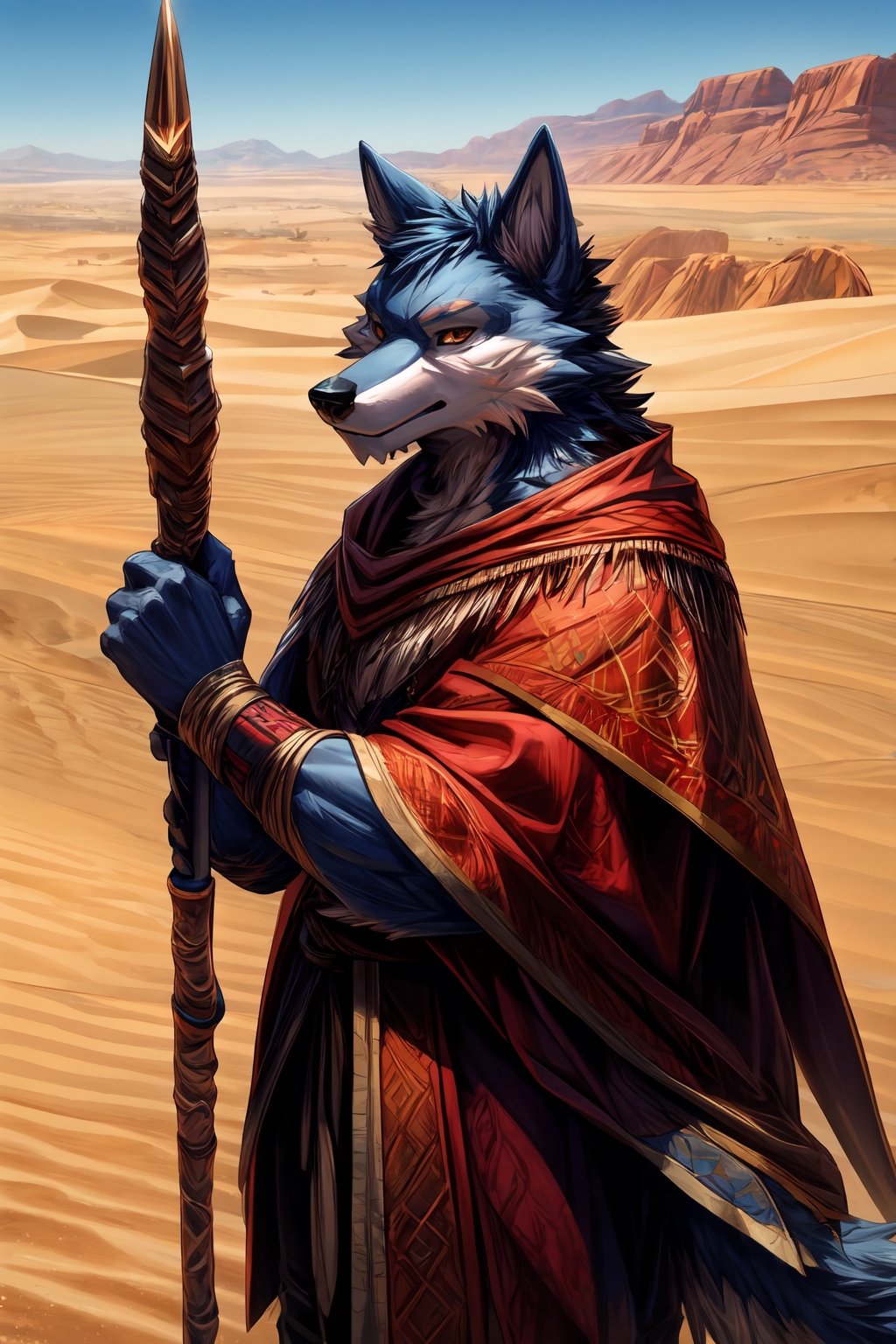 1boy, anthro, wolf, grey-blue fur, muscular, cloak, langot, Carved long staff, perfect anatomy, (desert), detailed face, detailed finger, perfect light, best quality, high res, ultra hd,Furry
