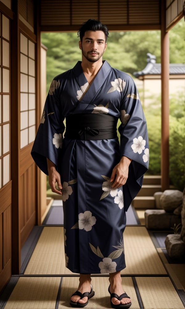 solo male, Japanese, black hair, black eyes, facial hair, thick eyebrows, scar on face, sideburns, (yukata), (kimono), japanese sandals, mature, handsome, charming, alluring, standing, full body, perfect anatomy, perfect proportions, best quality, masterpiece, high_resolution, dutch angle, cowboy shot, photo background, muscular, beefy, intricate details