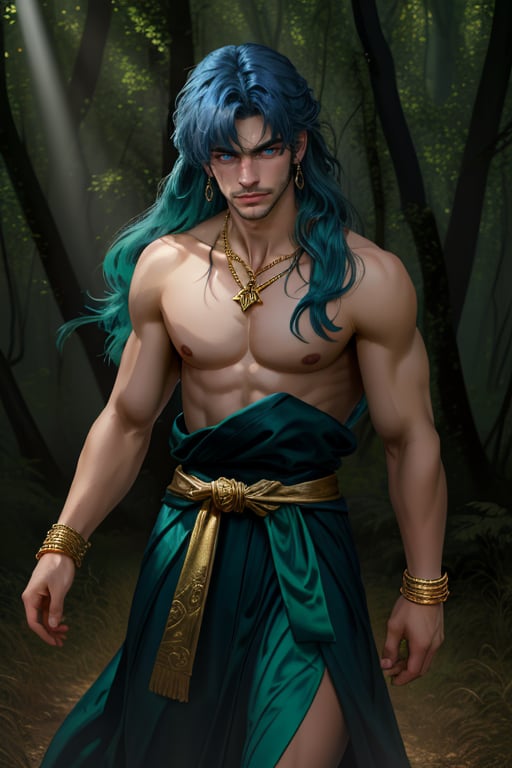 1 man,blue hair,long hair,Center parted bangs,handsome, slender, skinny, topless, robe, earrings,ribbon tied around the waist,gold bracelets,emerald necklace,wind, Masterpiece,best quality,high res,detailed face,detailed eyes,dynamic pose,perfect light,rim light,forest background,