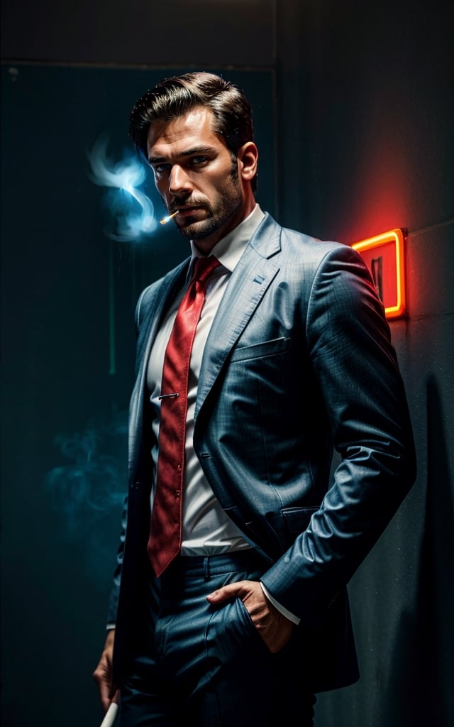 digital painting of a man, shot on Canon 5D Mark II, portrait of a mafia in city street full on neon signboards, ((black with red business suit)), (white shirt), (red necktie), (balck hair), angry, BREAK ((blue neon lights)), smoke from mouth, (with a cigarette in mouth), pants, add lightsource to front, (mouth open:0.5), Leaning lazily against the wall, cinematic, best quality, masterpiece, intricate details, dynamic pose, dynamic angle, ((surrealism)), ((romanticism)), ((oil painting \(medium\):1.2)), (illustration), huge-muscles, (large pectorals), sharp focus, soft lighting, vibrant colors, cinematic photography, volumetric lighting, film grain, hard shadows,Masterpiece