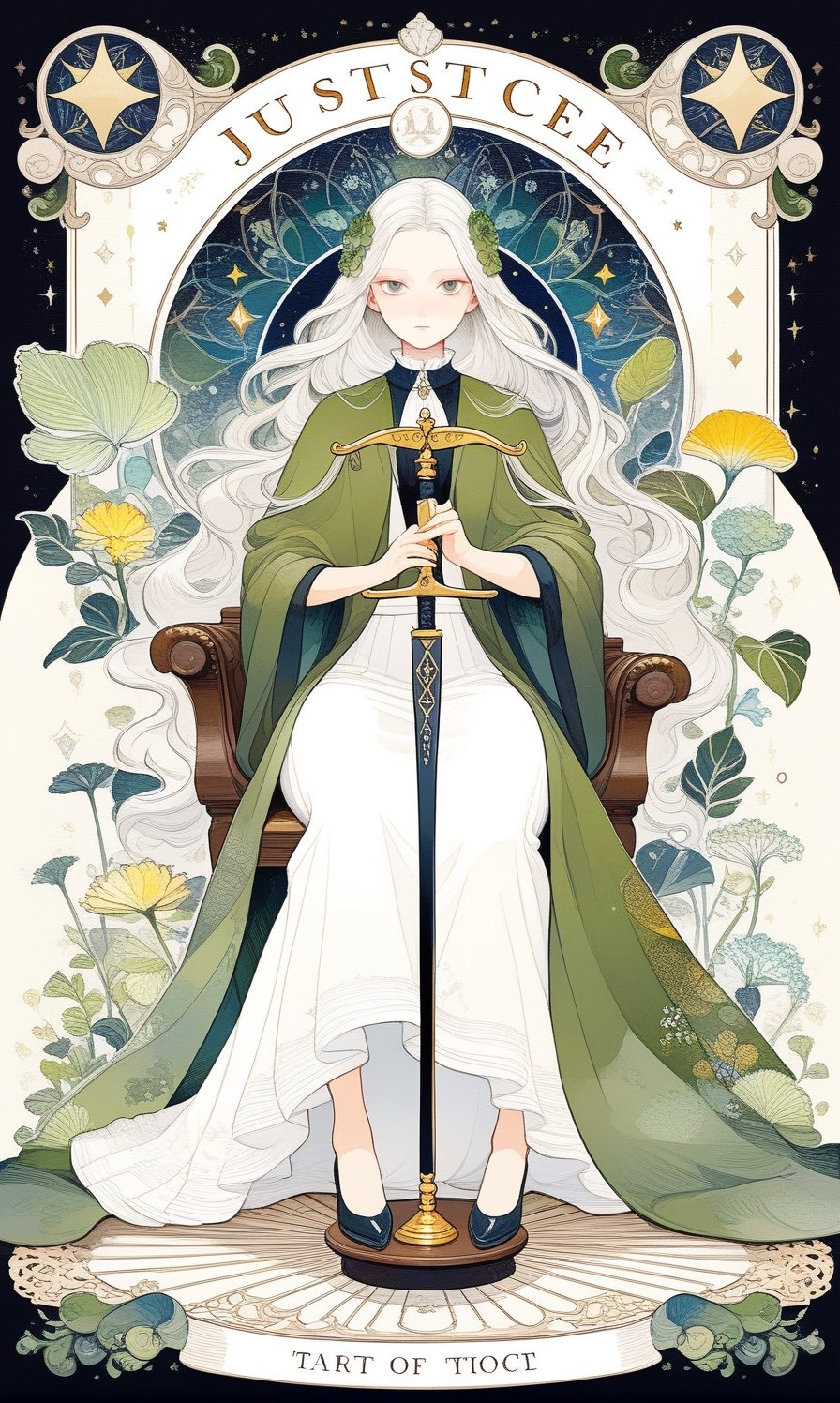 1 woman, platinum long hair, (holding a Balance scales), a sword at feet side, green cloak, white long skirt, sitting in the judgment seat, court, muscles, full body, fractal art, (tarot card design), botanical illustration, classic, elegant flourishes, lofi art style, retro, [(text that says "JUSTICE" at bottom)], best quality, masterpiece, extremely detailed, intricate details,  