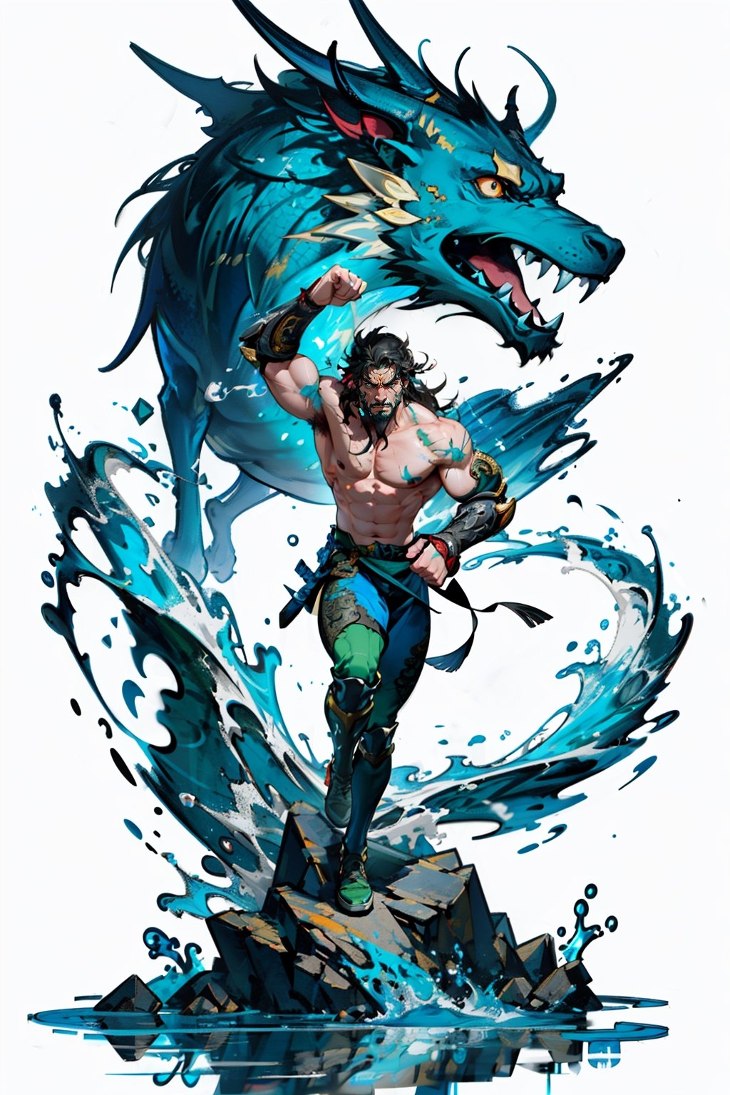 masterpiece, (best quality:1.5), [(white background:1.15)], 1man, handsome, no beard, black hair, long flowing hair, bare arm, bare hands, 1punch raised up to sky, lunge, topless, green leg armor, pupple leggins, wind, angry face, (water element), chinese drogan, 