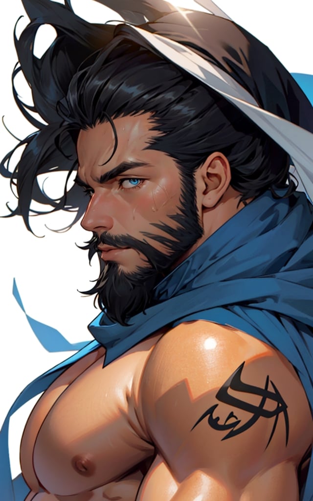 masterpiece,  best quality,  perfect lighting,  detail face,  ((beard)),  black hair,  detailed eyes,  muscular,  masculine,  protruding pecs,  large pectorals,  handsome man,  (arab), ((topless)), clothmancer, headscarf,  wind, [(white background:1.15), upper body, portrait, (low angle), sunshine, (shine body),