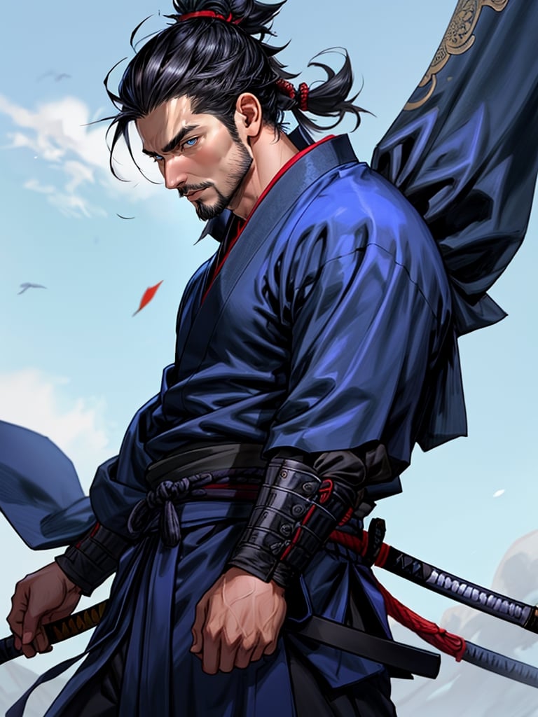 1man, samurai, handsome, protruding pecs, stubbles, japanese samurai clothing, black_hair, Hair tied back, few locks of hair hang down on the forehead, blue cloth, katana, maple leaf scattered in the air, wind, dynamic angle, Masterpiece,  Intricate details,  hdr,  depth of field,  (full body view),  Portrait, open cloth, show chest,