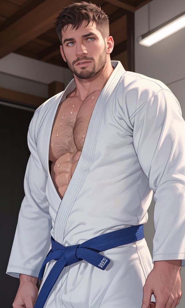 1man,stubble,handsome,(long sleeve judo uniform:1.1), sweaty body, sweaty hair, chest muscles,abdominal muscles,show chest and abdominal,8K,masterpiece, super detailed, real, 