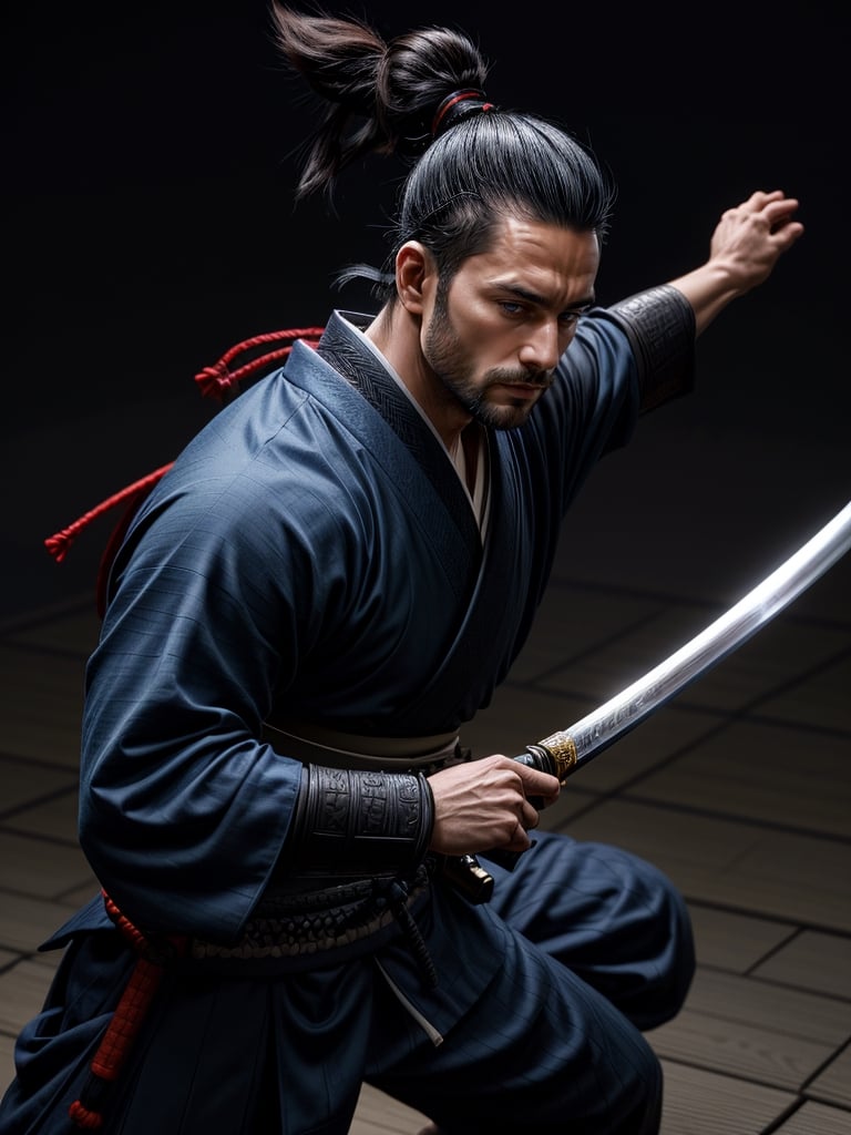 1man, samurai, handsome, protruding pecs, stubbles, japanese samurai clothing, black_hair, Hair tied back, few locks of hair hang down on the forehead, blue cloth, katana, maple leaf, wind, dynamic angle, battle pose, Masterpiece,  Intricate details,  hdr,  depth of field,  (full body view),  Portrait,