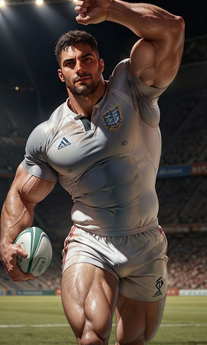 Masterpiece, Best Quality,  (Award-winning),  (Film Lighting),  (Extremely Detailed),  (Epic), 1 handsome man, strong and muscular, rugby player, running on the field, holding one rugby ball, sweating, soaked jersey, white short jersey pants, stubble, leg hair, hairy arm, high detail, Movie Still, 