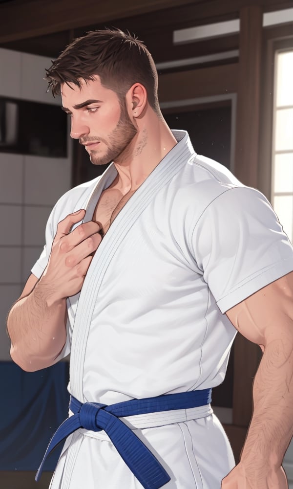 1man,stubble,handsome,(Judo uniform:1.1), sweaty body, sweaty hair, chest muscles,8K,masterpiece, super detailed, real, 