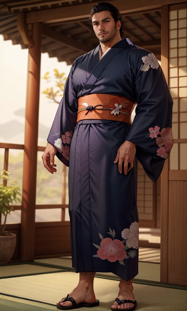 solo male, Japanese, black hair, black eyes, facial hair, thick eyebrows, scar on face, sideburns, (yukata), (kimono), japanese sandals, mature, handsome, charming, alluring, standing, full body, perfect anatomy, perfect proportions, best quality, masterpiece, high_resolution, dutch angle, cowboy shot, photo background, muscular, beefy, intricate details