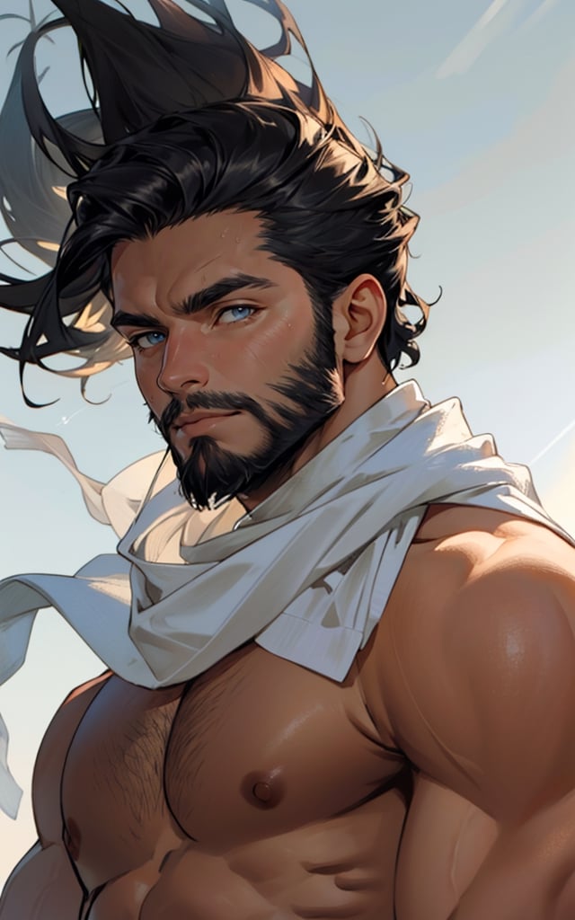 masterpiece,  best quality,  perfect lighting,  detail face,  ((beard)),  black hair,  detailed eyes,  muscular,  masculine,  protruding pecs,  large pectorals,  handsome man,  (arab), ((topless)), clothmancer, headscarf,  wind, upper body, portrait, sunshine, (shine body),