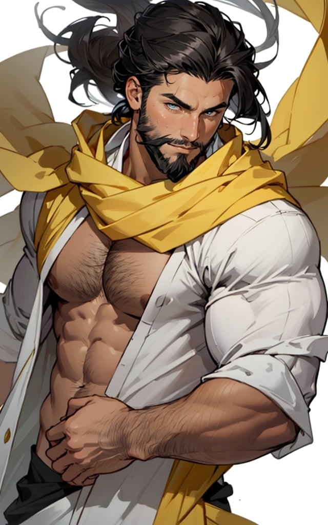 masterpiece,  best quality,  perfect lighting,  detail face,  ((beard)),  black hair,  detailed eyes,  muscular,  masculine,  protruding pecs,  large pectorals,  handsome man,  arab,  clothmancer,  white cloth,  headscarf,  black and yellow sandals, wind, [(white background:1.15), upper body, portrait,