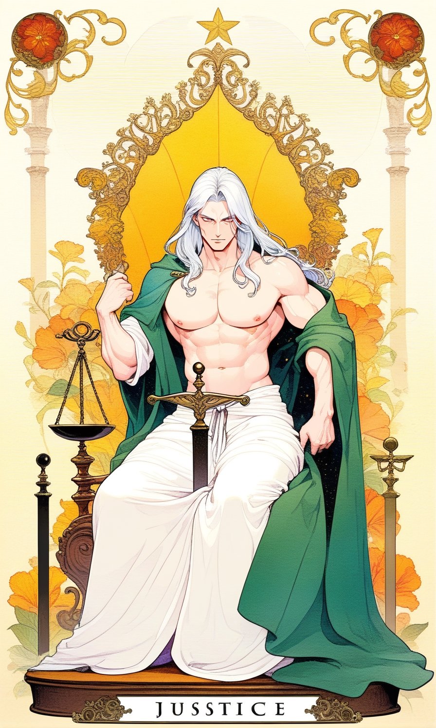 1 man, platinum long hair, (holding a Balance scales), a sword, green cloak, white long skirt, huge-muscles, large pectorals, nipples, sitting in the judgment seat, court, topless, (show chest), muscles, full body, fractal art, (tarot card design), botanical illustration, classic, elegant flourishes, lofi art style, retro, black and white curtain in background, (text that says "JUSTICE"at bottom), best quality, masterpiece, extremely detailed, intricate details,  