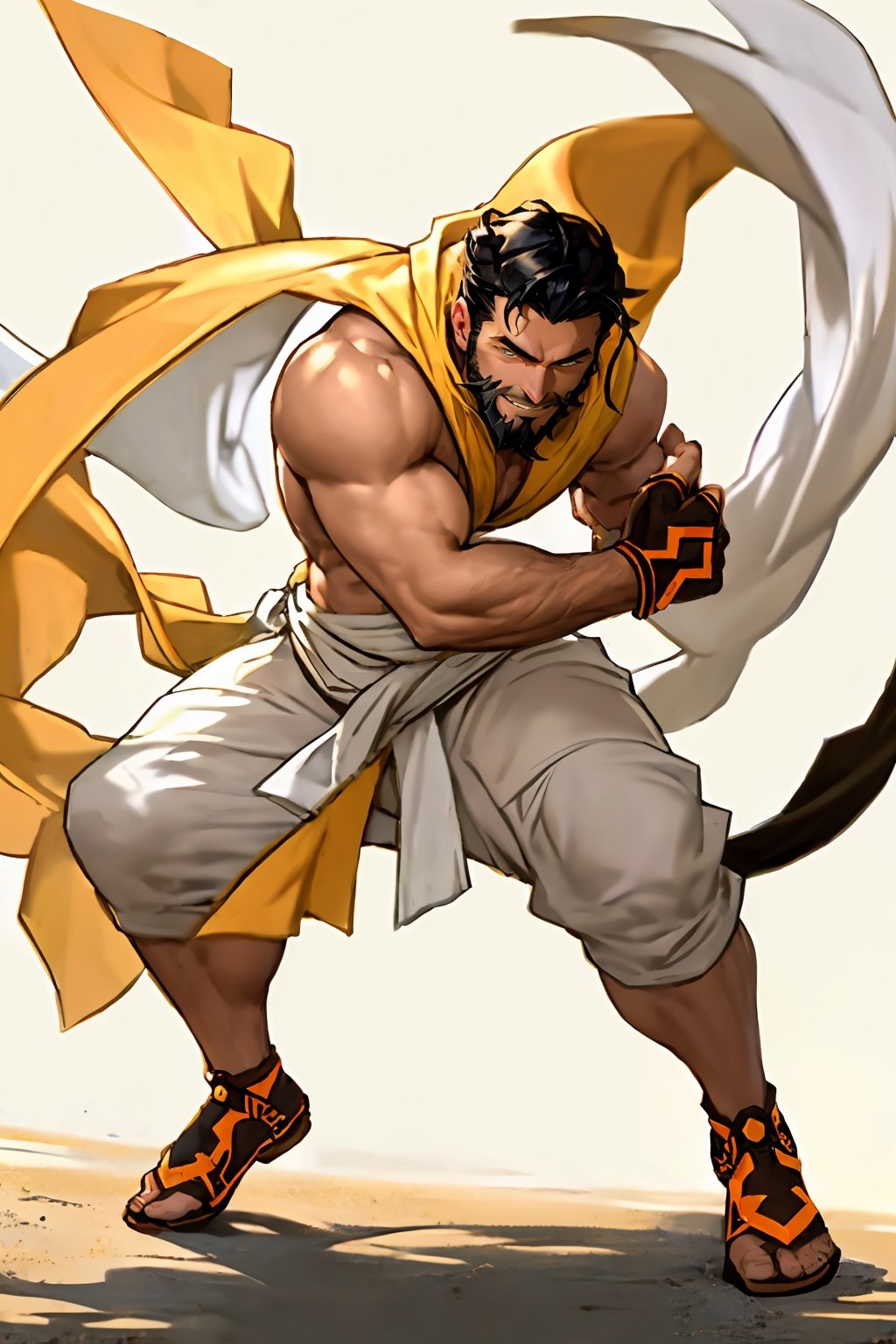 masterpiece, best quality, perfect lighting, detail face, ((beard)), black hair, detailed eyes, toothy smile, muscular, masculine, protruding pecs, large pectorals, handsome man, arab, white cloth, white headscarf, black and yellow sandals, dynamic pose, wind,[(white background:1.15), Clothmancer, 