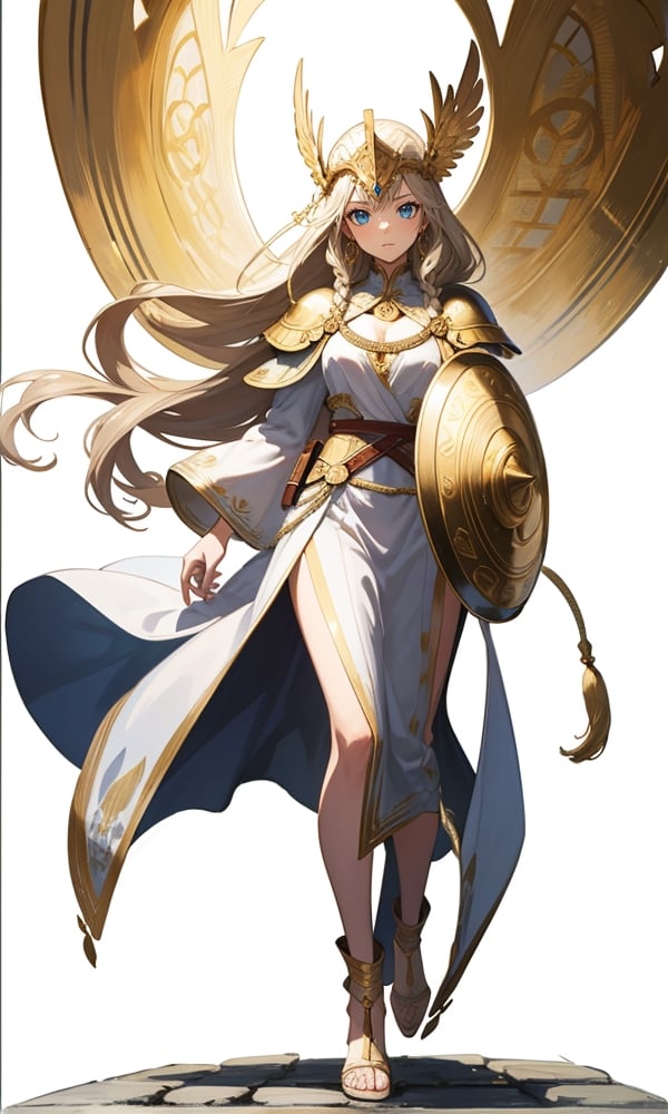 masterpiece, (best quality: 1.5), [(white background: 1.15)], (1 woman), blonde long hair,radiant blue eyes, braids, Roman helmet, (golden shield with snake pattern), wind, beauty, white clothes , tassel, daytime, (white owl flying beside), Parthenon in background, full body,