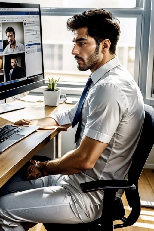 masterpiece, best quality, perfect light, sufficient light, detailed face, 1man, young, handsome, white shirt, tie, stubble, big pec, (boxer briefs), sitting from at computer desk, Online Meetings, video conference, side view, (full body photo),