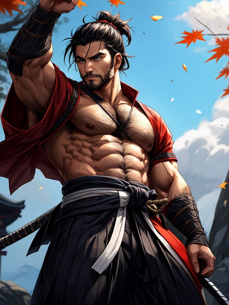 1man, samurai, handsome, protruding pecs, stubbles, japanese samurai clothing, black_hair, Hair tied back, few locks of hair hang down on the forehead, katana at waist, maple leaf scattered in the air, wind, dynamic angle, Masterpiece,  Intricate details,  hdr,  depth of field,  (full body view),  Portrait, open cloth, take off top to waist, show chest, show abs, body hair, hairy chest,best quality