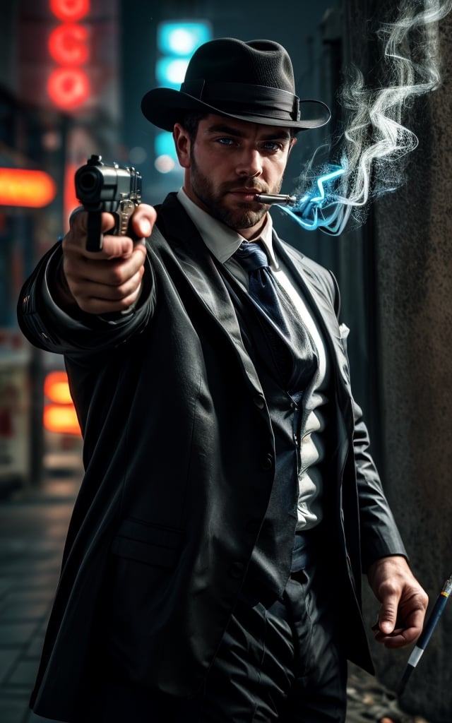 digital painting of a man, shot on Canon 5D Mark II, portrait of a mafia in city street full on neon signboards, ((balck business suit)), (white shirt), (red necktie), (balck hair), smoke from mouth, (with a cigarette in mouth), pants, angry, Holding a pistol in hand, fedora hats,
BREAK 
((blue neon lights)), add lightsource to front, (mouth open:0.5), Leaning lazily against the wall, cinematic, best quality, 8K, masterpiece, intricate details, dynamic pose, dynamic angle, ((surrealism)), ((romanticism)), ((oil painting \(medium\):1.2)), (illustration), huge-muscles, (large pectorals), sharp focus, soft lighting, vibrant colors, cinematic photography, volumetric lighting, film grain, hard shadows,xuer pistol