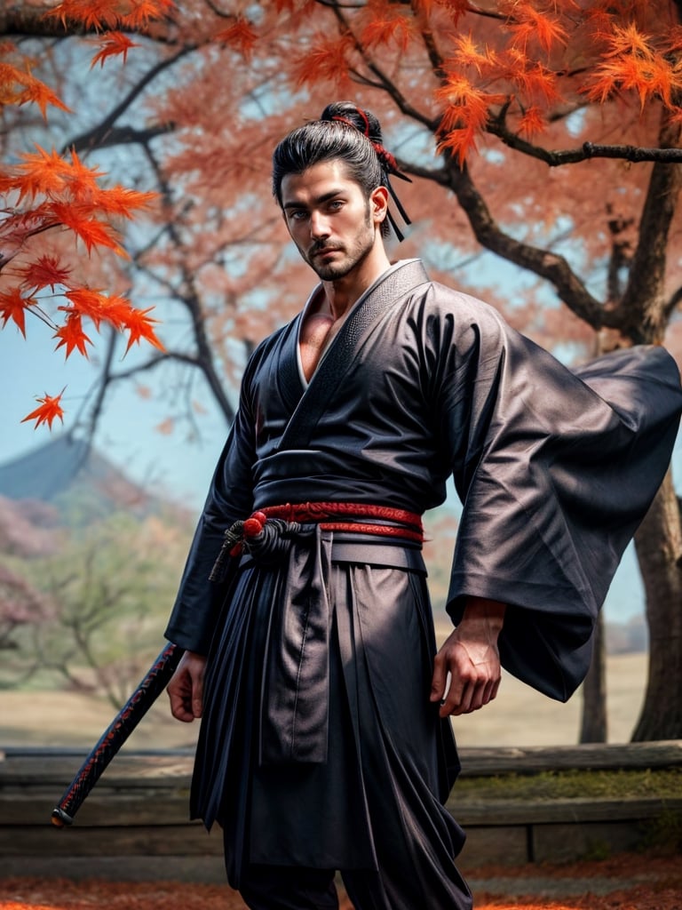 1man, samurai, handsome, protruding pecs, stubbles, japanese samurai clothing, black_hair, (brown eyes), Hair tied back, few locks of hair hang down on the forehead, katana at waist, maple leaf scattered in the air, wind, dynamic angle, Masterpiece,  Intricate details,  hdr,  depth of field,  (full body view),  Portrait, open cloth, take off top cloth to waist, show chest, show abs, body hair, hairy chest,best quality