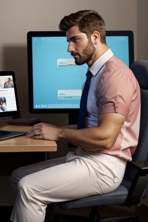 masterpiece, best quality, perfect light, sufficient light, detailed face, 1man, young, handsome, white shirt, tie, stubble, big pec, pantsless,(underwear), sitting from at computer desk, Online Meetings, video conference, side view, (full body photo),