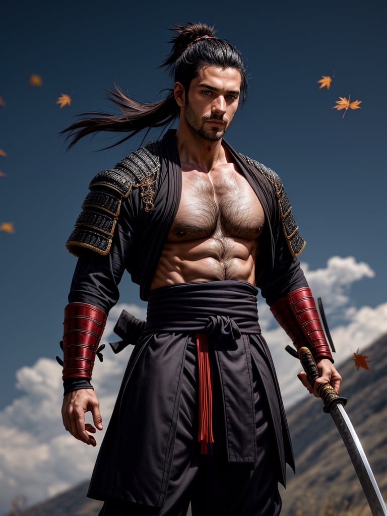 1man, samurai, handsome, protruding pecs, stubbles, japanese samurai clothing, black_hair, (brown eyes), Hair tied back, few locks of hair hang down on the forehead, katana at waist, maple leaf scattered in the air, wind, dynamic angle, Masterpiece,  Intricate details,  hdr,  depth of field,  (full body view),  Portrait, open cloth, take off top cloth to waist, show chest, show abs, body hair, hairy chest,best quality