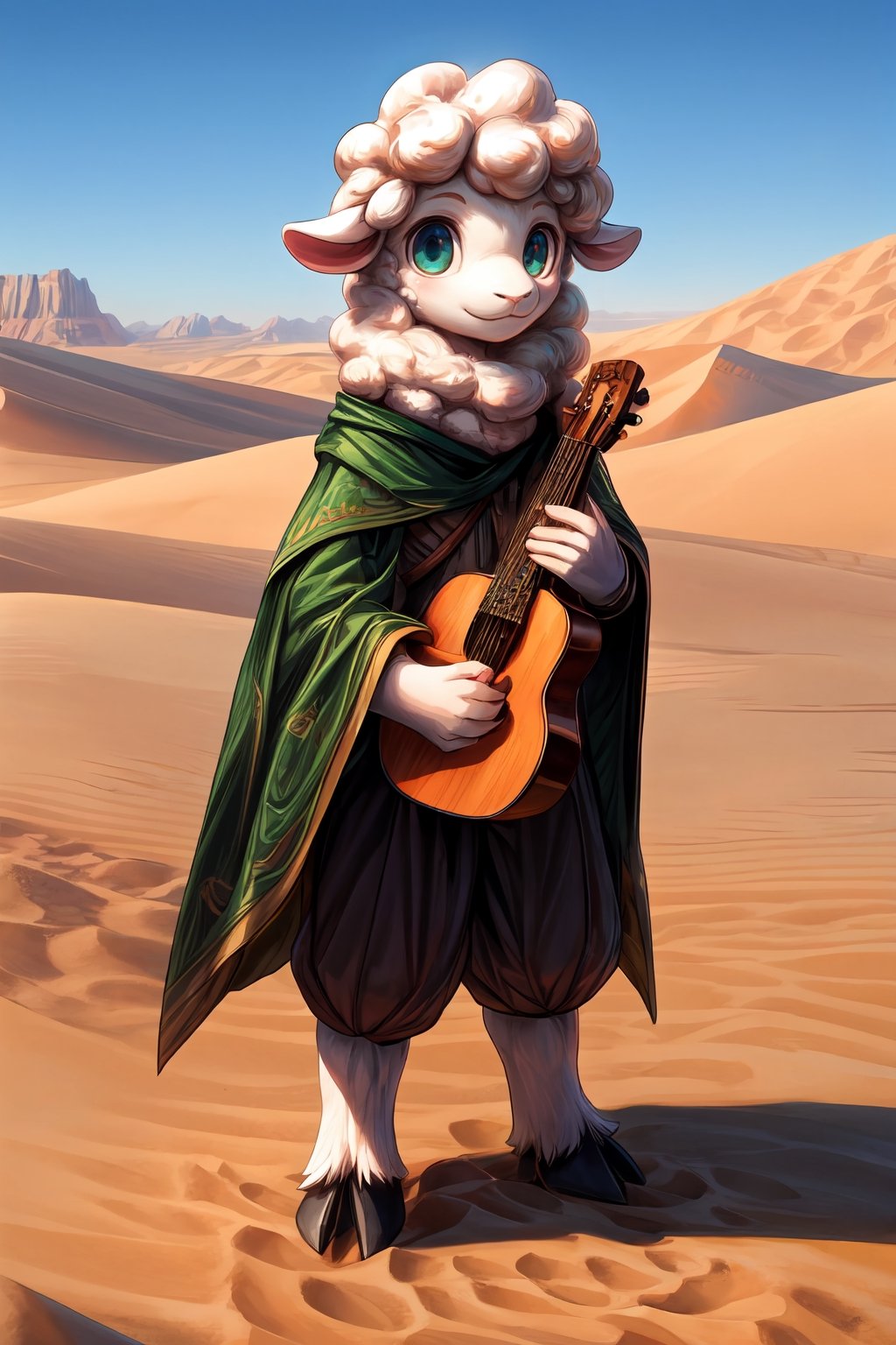 1boy, anthro, sheep, white-pink fur, cute, Shorty, green cloak, langot, bard, instrument, perfect anatomy, (desert), detailed face, detailed finger, perfect light, best quality, high res, ultra hd,Furry