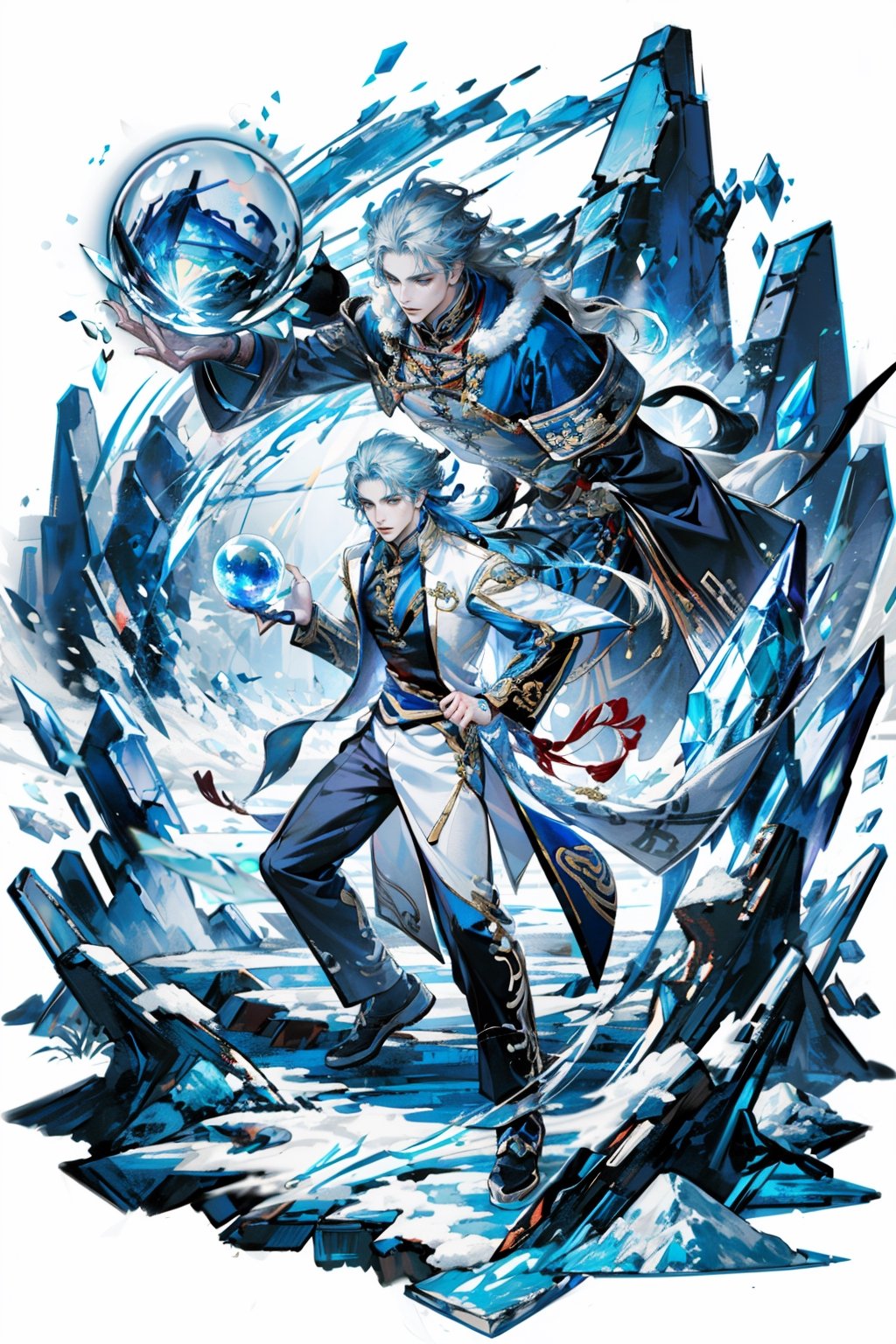 masterpiece,, (masterpiece, best quality:1.5), [(white background:1.15)], 1man, young man, handsome, long blue hair, magician costume, ice element, (Tai Chi patterns), ((goddess in background)), (holding crystal ball),
