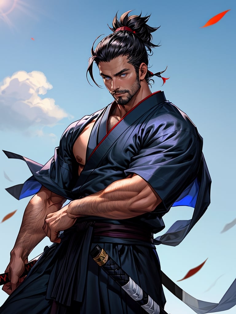 1man, samurai, handsome, protruding pecs, stubbles, japanese samurai clothing, black_hair, Hair tied back, few locks of hair hang down on the forehead, blue cloth, katana, maple leaf scattered in the air, wind, dynamic angle, Masterpiece,  Intricate details,  hdr,  depth of field,  (full body view),  Portrait, open cloth, show chest, showing marked adomen, body hair, hairy chest,