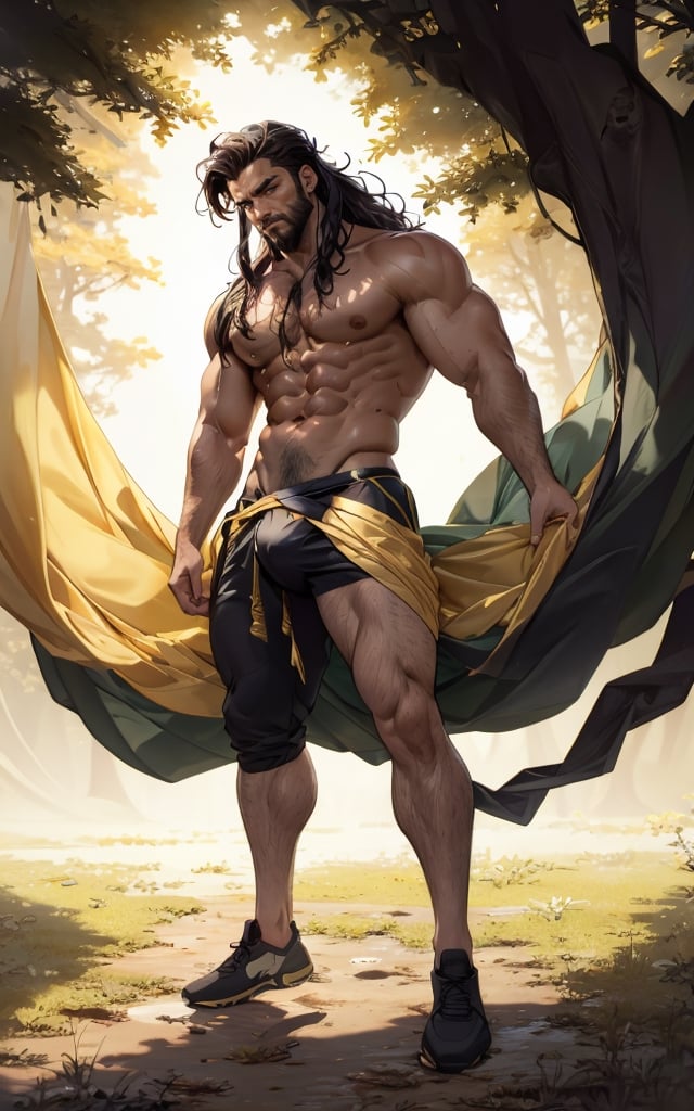 masterpiece,  best quality,  perfect lighting,  detail face,  ((beard)),  black hair, (long wave hair), detailed eyes, masculine,  protruding pecs,  large pectorals,  handsome man, (Roman), naked, (golden laurel wreath), (clothmancer), (wind), portrait, sunshine, (shine body), shirtless, front, ((full body photo)), [(white background:1.15)], (indian langot), ,bulge, dynamic pose,