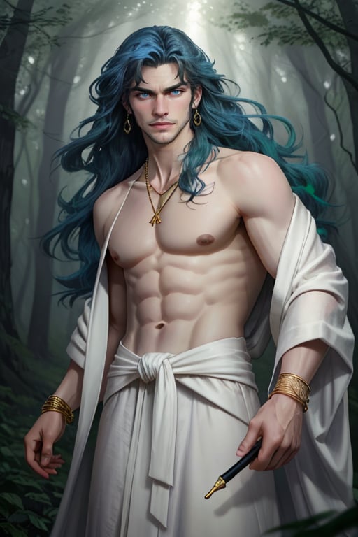 1 man,blue hair,long hair,handsome, pale skin, slender, skinny, topless, white robe, earrings, ribbon tied around the waist,gold bracelets,emerald necklace,wind, holding wand,Masterpiece,best quality,high res,detailed face,detailed eyes,dynamic pose,perfect light,rim light,forest background,