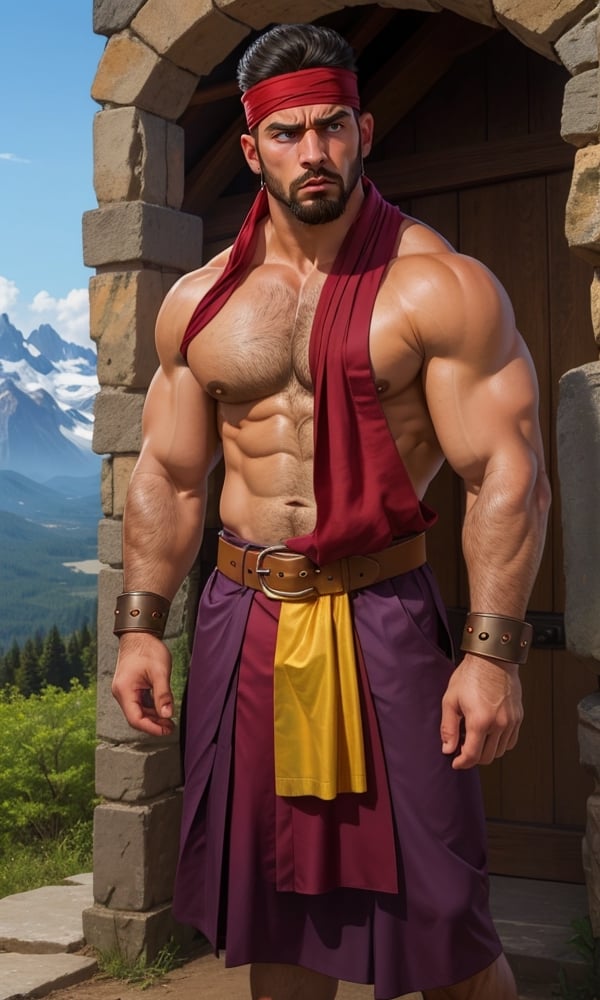 1 turkish man, solo, (beefy), black hair, beard, dark skin, (dark_skinned_male:1.2), pectoralis, half chest exposed, looking at viewer, large pec, mountain_setting, (monk suit), (headkerchief), pelvic_curtain, standing, obi, belt,  sandals, laced_sandals, bracers, 8K, best quality, detailed face, upper body close up,