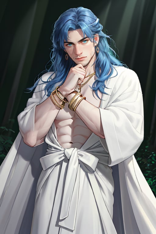 1 man,blue hair,long hair,handsome, pale skin, slender, (skinny), muscleless, topless, white robe, earrings, ribbon tied around the waist,gold bracelets,emerald necklace,wind, holding wand,Masterpiece,best quality,high res,detailed face,detailed eyes,dynamic pose,perfect light,rim light,forest background,