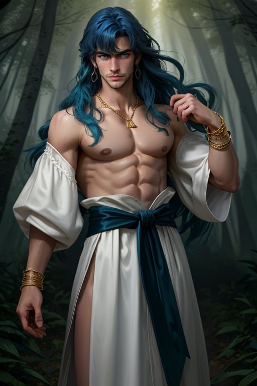 1 man,blue hair,long hair,Center parted bangs,handsome, slender, skinny, topless, robe, earrings,ribbon tied around the waist,white sleeves,gold bracelets,emerald necklace,wind, Masterpiece,best quality,high res,detailed face,detailed eyes,dynamic pose,perfect light,rim light,forest background,